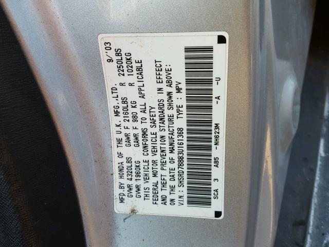 SHSRD78883U161368 - 2003 HONDA CR-V EX SILVER photo 10