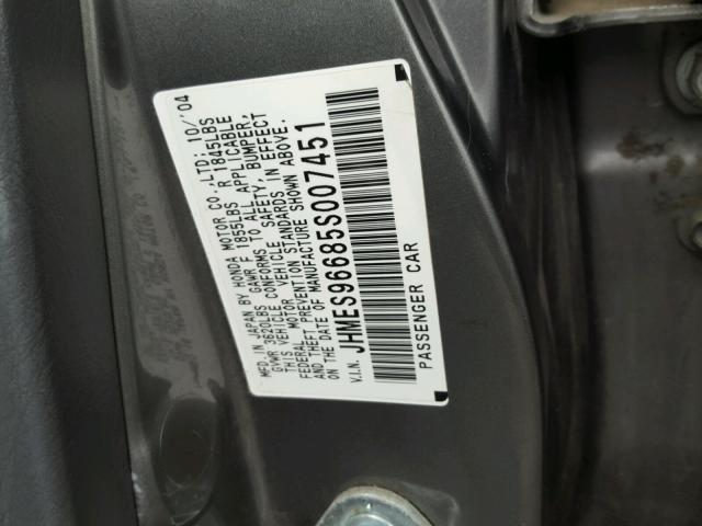 JHMES96685S007451 - 2005 HONDA CIVIC HYBR GRAY photo 10