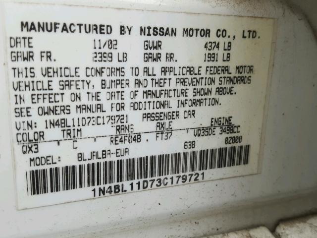 1N4BL11D73C179721 - 2003 NISSAN ALTIMA SE WHITE photo 10