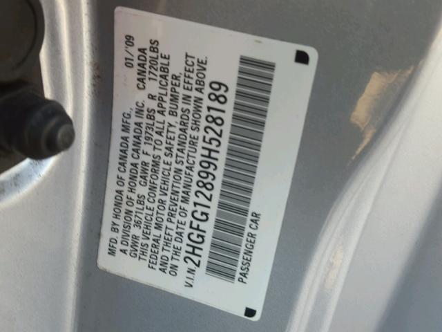 2HGFG12899H528189 - 2009 HONDA CIVIC EX SILVER photo 10