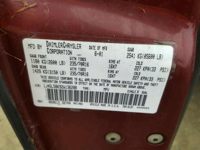 1J4GL58K92W136288 - 2002 JEEP LIBERTY LI BURGUNDY photo 10