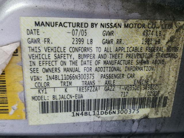 1N4BL11D66N300375 - 2006 NISSAN ALTIMA SE SILVER photo 10