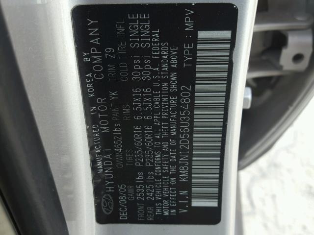 KM8JN12D56U354802 - 2006 HYUNDAI TUCSON GLS SILVER photo 10