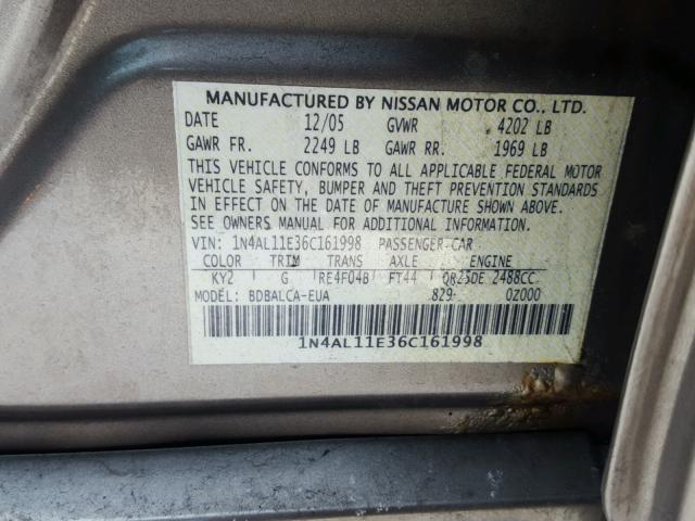 1N4AL11E36C161998 - 2006 NISSAN ALTIMA S GRAY photo 10