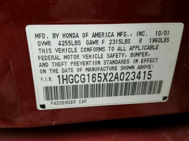 1HGCG165X2A023415 - 2002 HONDA ACCORD EX MAROON photo 10