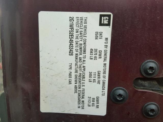 2G1WF52E549433428 - 2004 CHEVROLET IMPALA MAROON photo 10