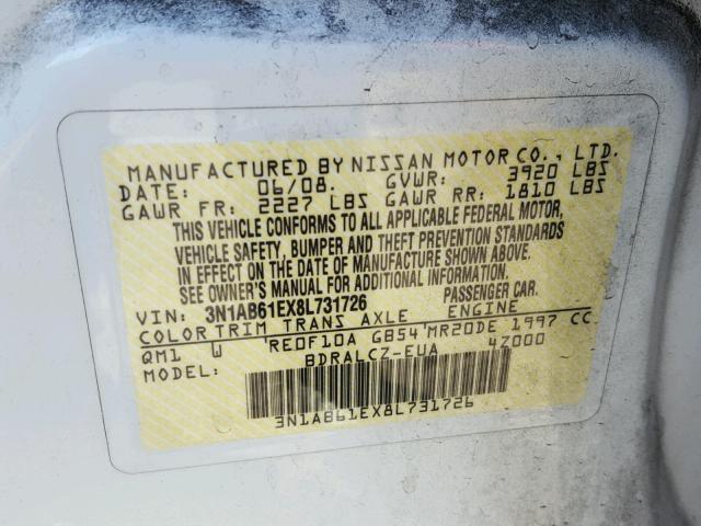 3N1AB61EX8L731726 - 2008 NISSAN SENTRA 2.0 WHITE photo 10