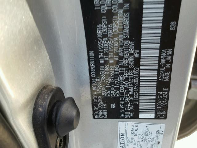 JTEGD21A530061852 - 2003 TOYOTA HIGHLANDER SILVER photo 10