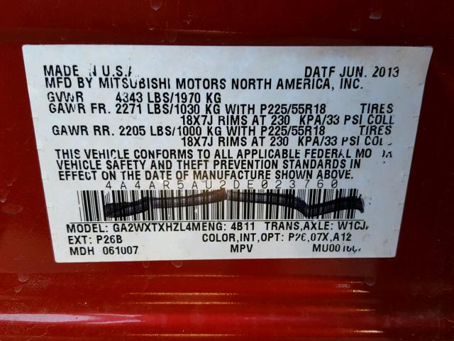 4A4AR5AU2DE023760 - 2013 MITSUBISHI OUTLANDER RED photo 10