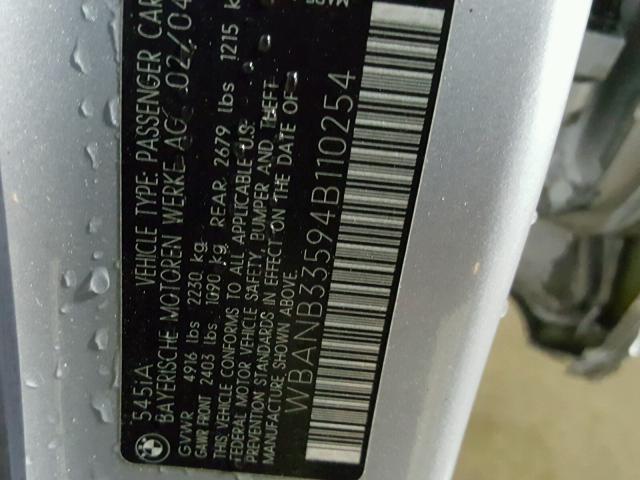 WBANB33594B110254 - 2004 BMW 545 I SILVER photo 10