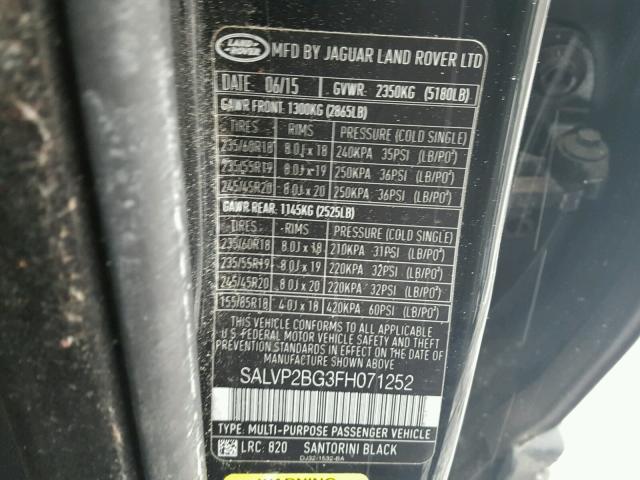 SALVP2BG3FH071252 - 2015 LAND ROVER RANGE ROVE BLACK photo 10