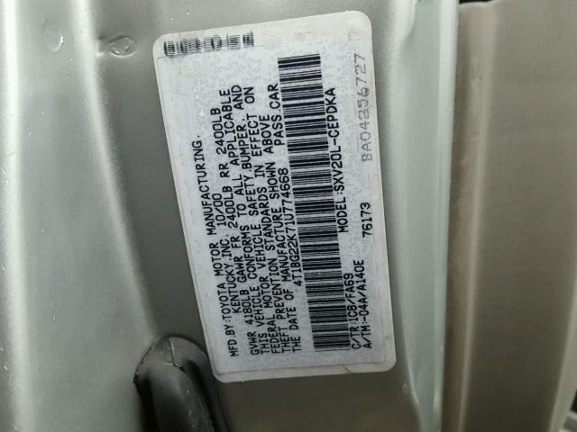 4T1BG22K71U774668 - 2001 TOYOTA CAMRY CE SILVER photo 10