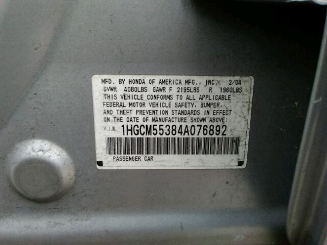 1HGCM55384A076892 - 2004 HONDA ACCORD LX SILVER photo 10