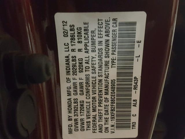 19XFB2F88CE048905 - 2012 HONDA CIVIC EX MAROON photo 10