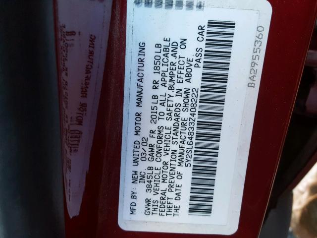 5Y2SL64833Z408222 - 2003 PONTIAC VIBE RED photo 10