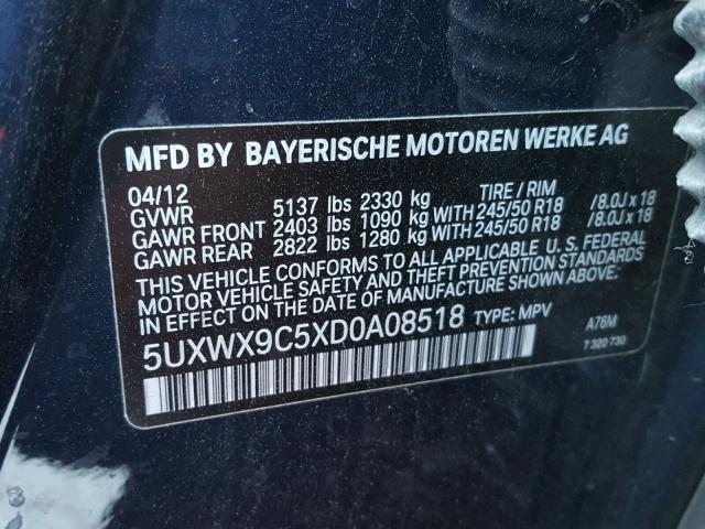 5UXWX9C5XD0A08518 - 2013 BMW X3 XDRIVE2 BLUE photo 10