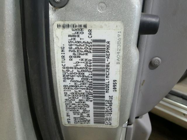 4T1BF28B61U124949 - 2001 TOYOTA AVALON XL SILVER photo 10