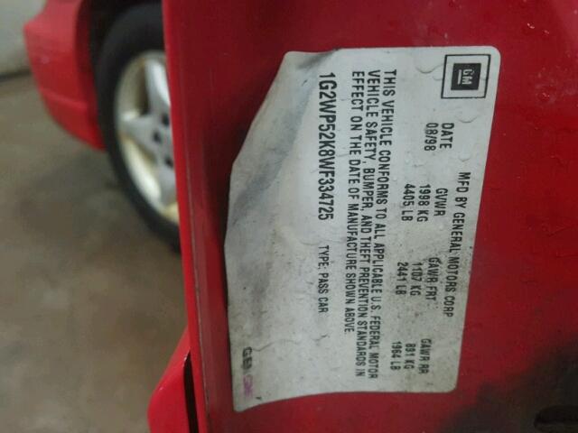 1G2WP52K8WF334725 - 1998 PONTIAC GRAND PRIX 红色 照片 10