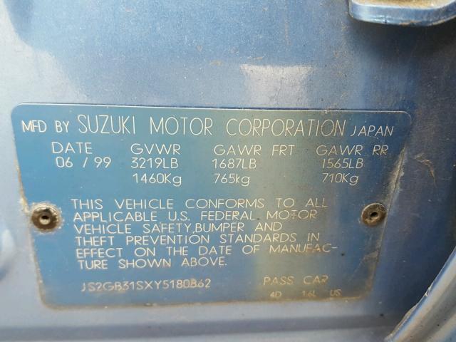 JS2GB31SXY5180862 - 2000 SUZUKI ESTEEM GL BLUE photo 10