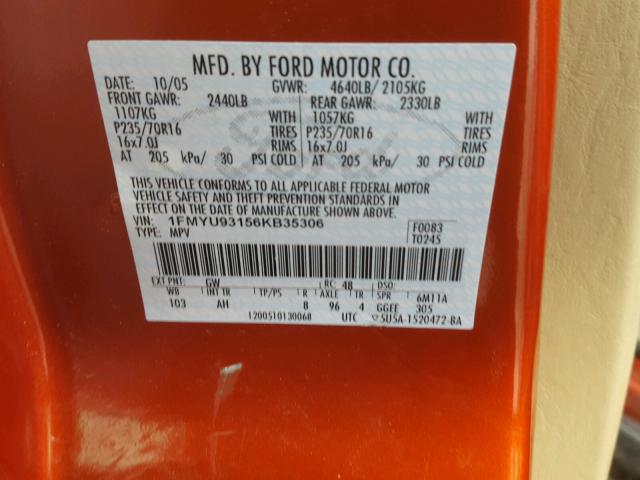 1FMYU93156KB35306 - 2006 FORD ESCAPE XLT ORANGE photo 10