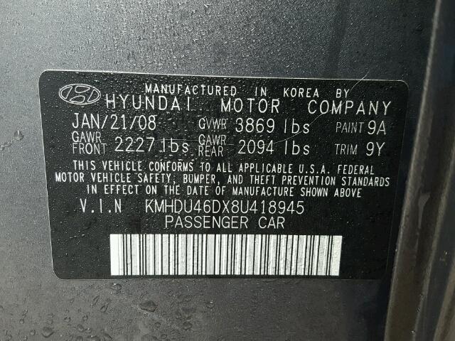 KMHDU46DX8U418945 - 2008 HYUNDAI ELANTRA GL GRAY photo 10