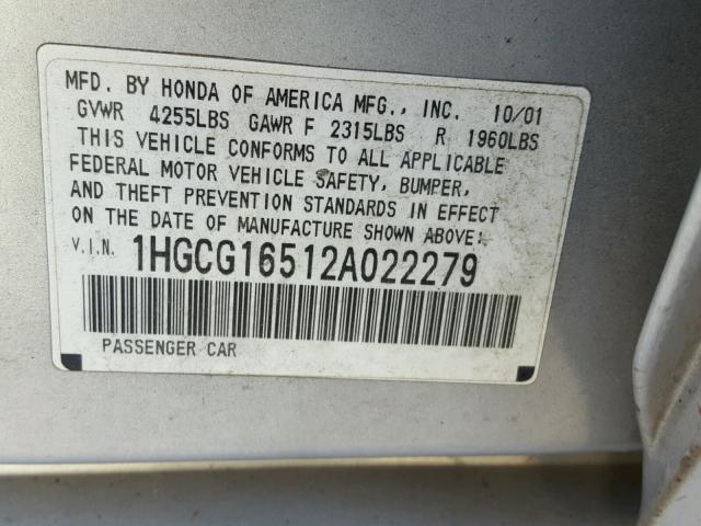 1HGCG16512A022279 - 2002 HONDA ACCORD EX SILVER photo 10