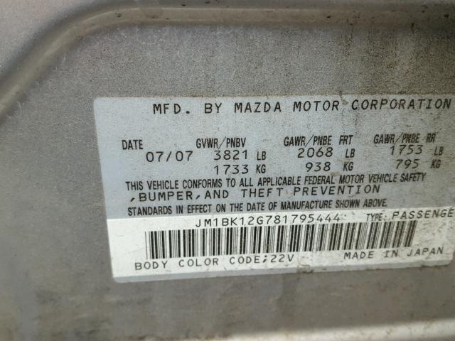 JM1BK12G781795444 - 2008 MAZDA 3 I SILVER photo 10