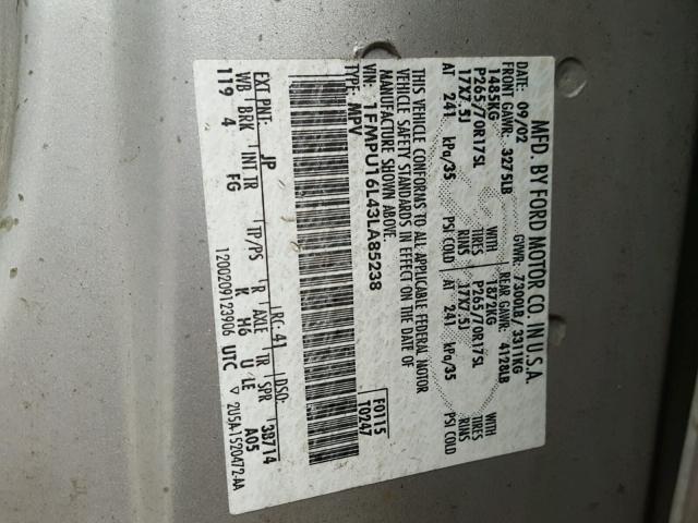 1FMPU16L43LA85238 - 2003 FORD EXPEDITION SILVER photo 10