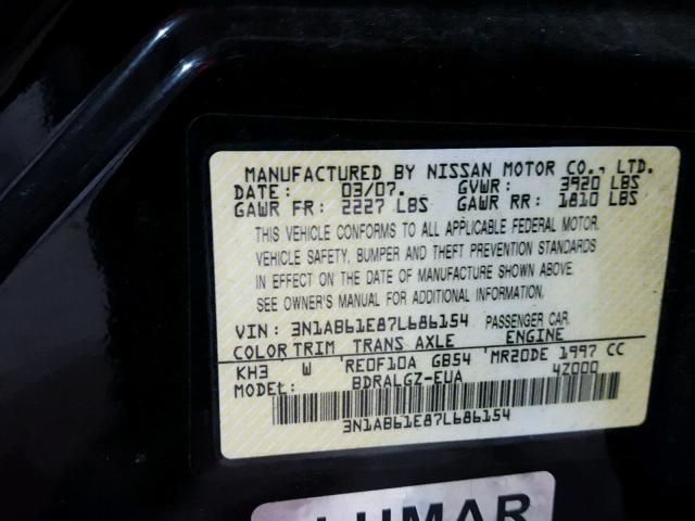 3N1AB61E87L686154 - 2007 NISSAN SENTRA 2.0 BLACK photo 10