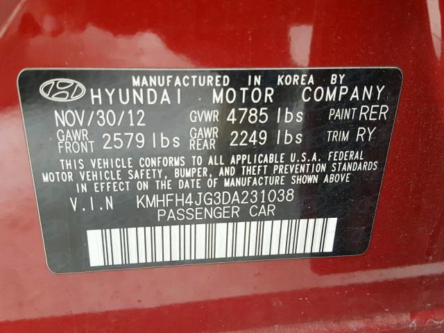 KMHFH4JG3DA231038 - 2013 HYUNDAI AZERA GLS RED photo 10