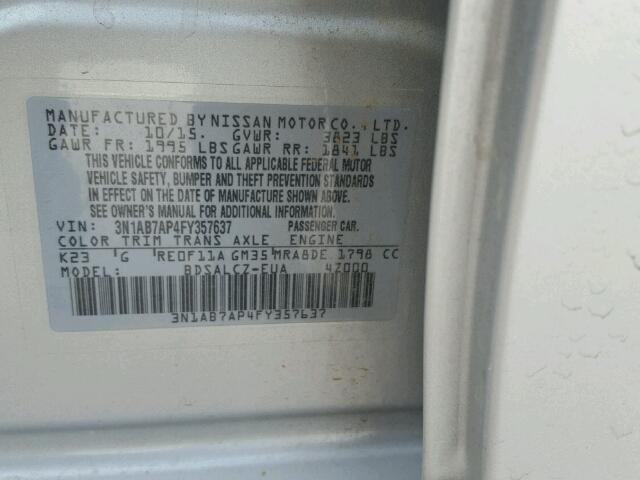 3N1AB7AP4FY357637 - 2015 NISSAN SENTRA S SILVER photo 10