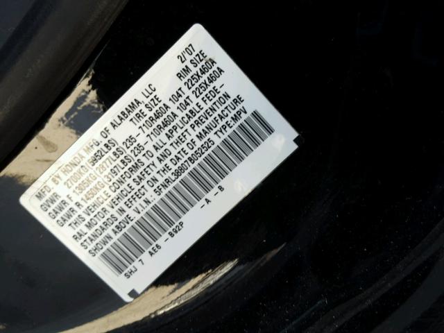 5FNRL38807B052525 - 2007 HONDA ODYSSEY TO BLACK photo 10