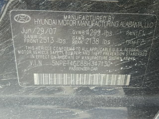 5NPET46C88H347130 - 2008 HYUNDAI SONATA GLS BLACK photo 10