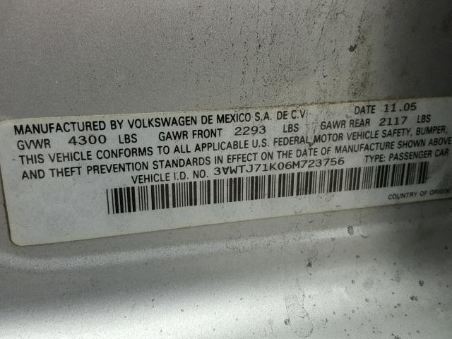 3VWTJ71K06M723756 - 2006 VOLKSWAGEN JETTA GLI SILVER photo 10