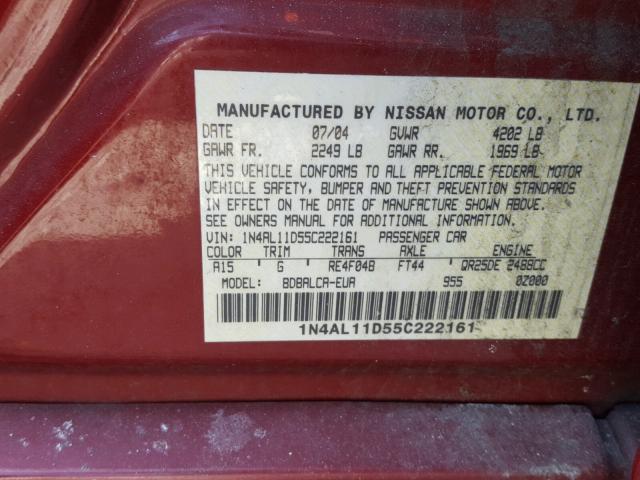 1N4AL11D55C222161 - 2005 NISSAN ALTIMA S MAROON photo 10