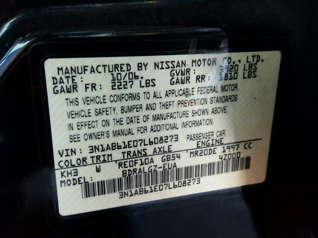 3N1AB61E07L608273 - 2007 NISSAN SENTRA 2.0 BLACK photo 10