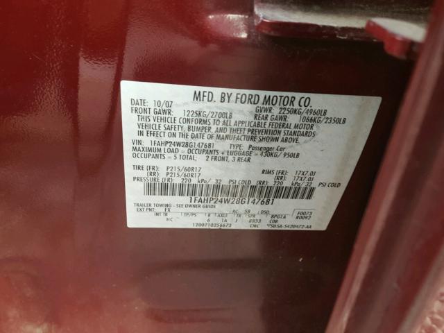 1FAHP24W28G147681 - 2008 FORD TAURUS SEL MAROON photo 10