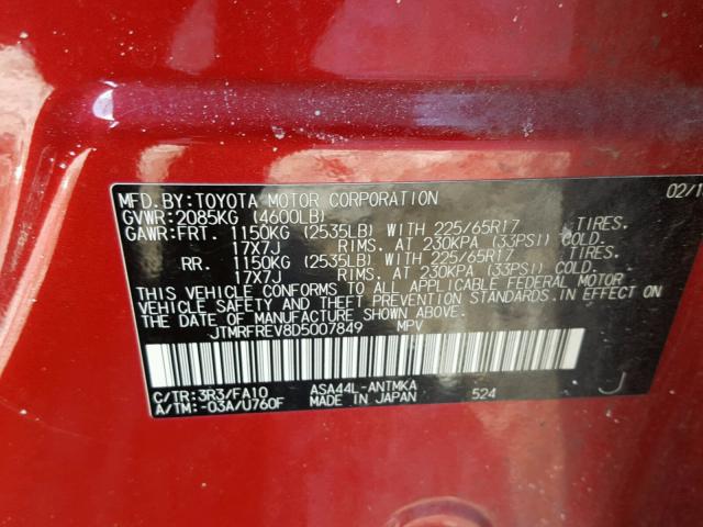 JTMRFREV8D5007849 - 2013 TOYOTA RAV4 XLE RED photo 10