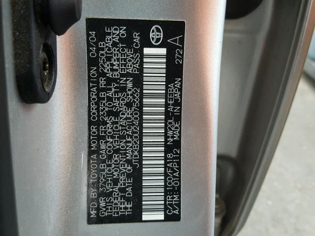 JTDKB20U240075662 - 2004 TOYOTA PRIUS SILVER photo 10