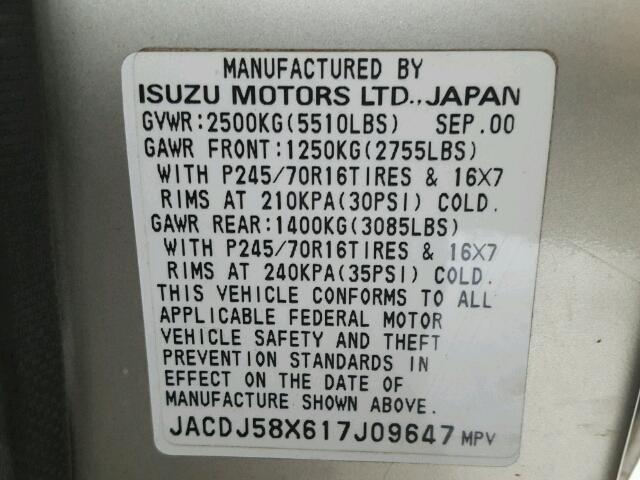 JACDJ58X617J09647 - 2001 ISUZU TROOPER S GOLD photo 10