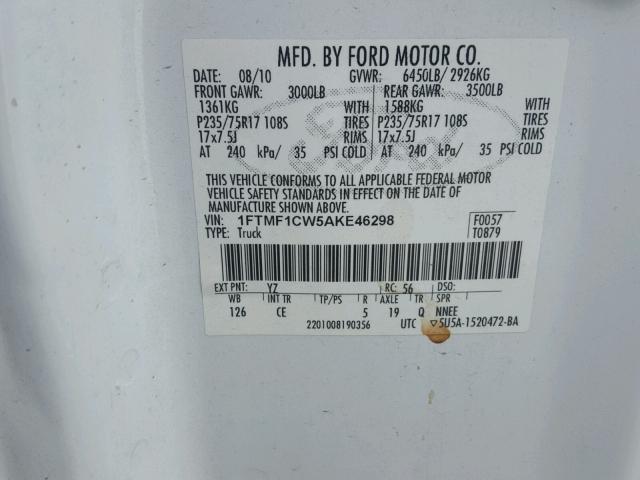 1FTMF1CW5AKE46298 - 2010 FORD F150 WHITE photo 10