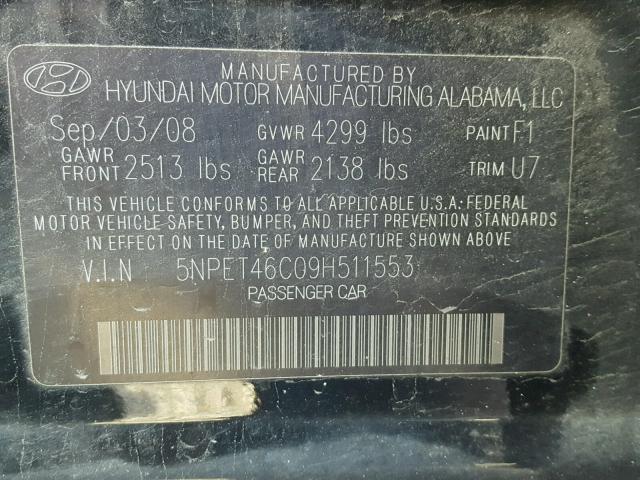 5NPET46C09H511553 - 2009 HYUNDAI SONATA GLS BLACK photo 10