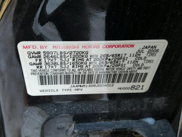 JA4MW51S06J004012 - 2006 MITSUBISHI MONTERO LI BLACK photo 10