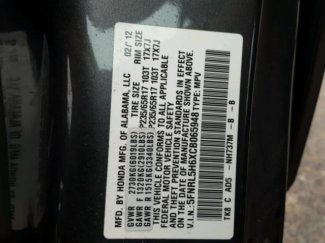 5FNRL5H6XCB065948 - 2012 HONDA ODYSSEY EX GRAY photo 10