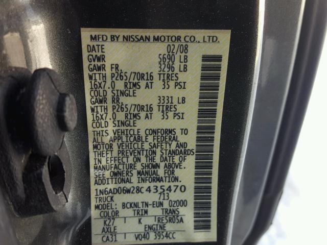 1N6AD06W28C435470 - 2008 NISSAN FRONTIER K GRAY photo 10