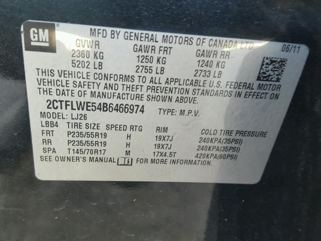 2CTFLWE54B6466974 - 2011 GMC TERRAIN SL BLACK photo 10