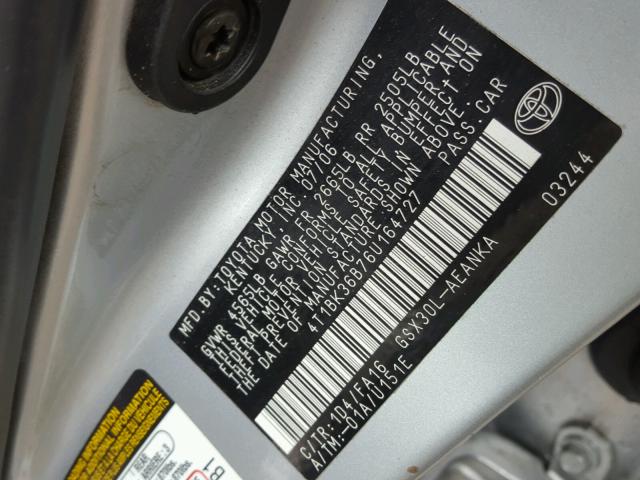 4T1BK36B76U164727 - 2006 TOYOTA AVALON XL SILVER photo 10