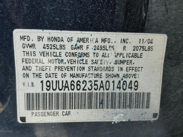 19UUA66235A014049 - 2005 ACURA TL BLUE photo 10