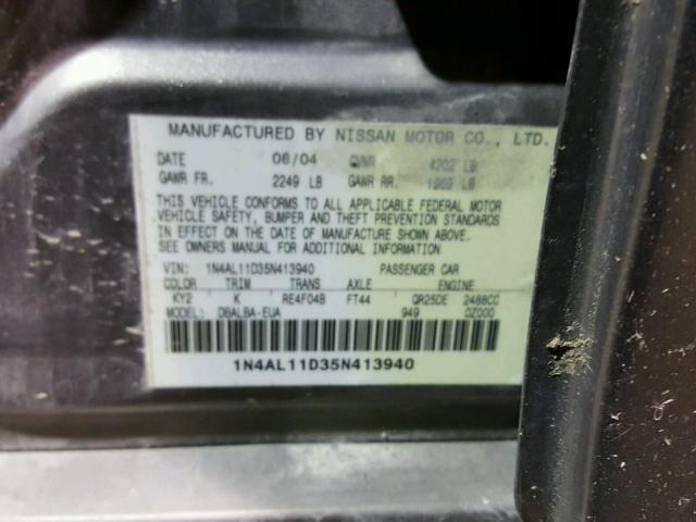 1N4AL11D35N413940 - 2005 NISSAN ALTIMA S GRAY photo 10