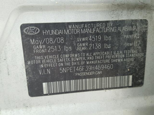 5NPET46F39H459460 - 2009 HYUNDAI SONATA GLS SILVER photo 10